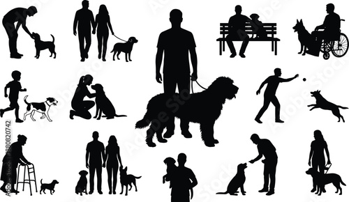 Human and dog silhouette collection, people walking training playing pets, family lifestyle activities outdoors, companionship bonding scenes illustration set vector