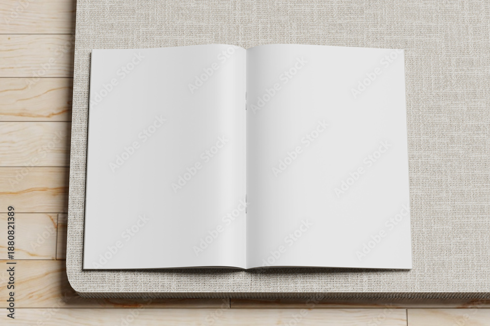 Fototapeta premium Blank Open Magazine Mockup on Wooden Floor