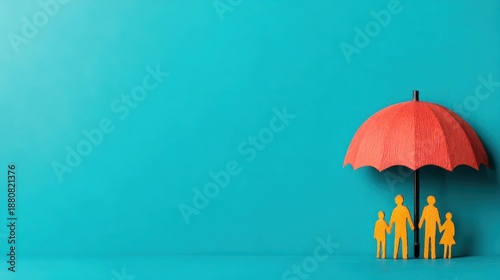 Family under an umbrella on a blue background with paper cutouts