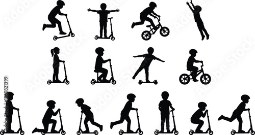 Kids playing outdoors, child scooter silhouettes, bicycle riding, jumping poses, active children activities, black silhouette set, playful motion, recreation illustration