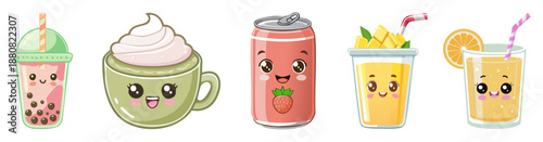 Cheerful Beverages: A collection of adorable drinks, each radiating with vibrant personality and charm, ready to brighten up any day.