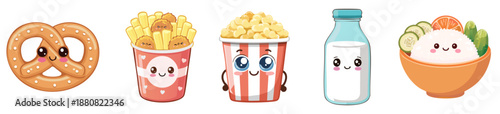 Playful Feast: A delightful assortment of treats is ready to bring smiles. A friendly pretzel, crispy fries, a cheerful popcorn bucket, a charming milk bottle, and a welcoming bowl of salad.