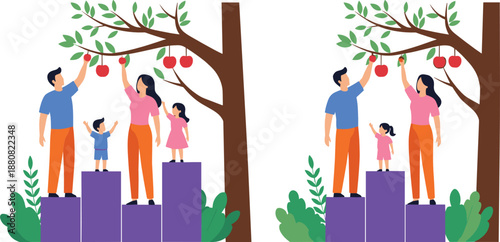 Family Harvesting Apples Together Flat Vector Illustration Set Showing Parents and Children Picking Fruit Outdoors