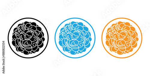 Variations of a floral emblem in black blue and orange