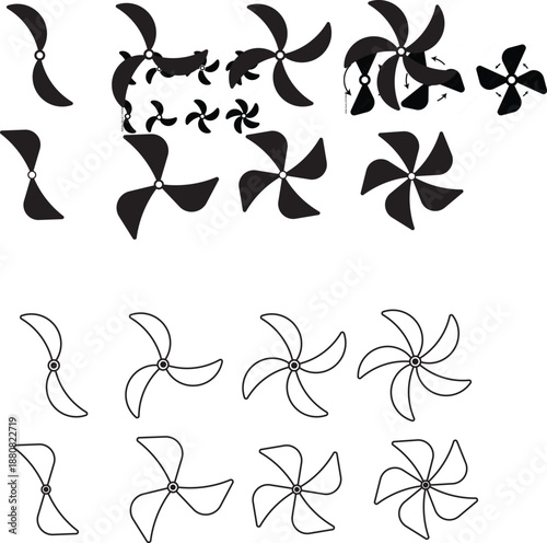 Propeller icon set. propeller for surface drive. Fan speed icons. Conditioning equipment sign. Electrical temperature equipment