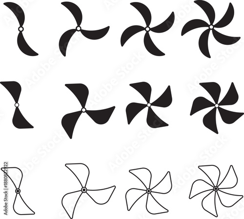 Propeller icon set. propeller for surface drive. Fan speed icons. Conditioning equipment sign. Electrical temperature equipment
