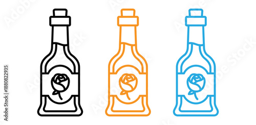 Three colored bottle icons with rose logo