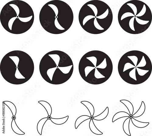 Propeller icon set. propeller for surface drive. Fan speed icons. Conditioning equipment sign. Electrical temperature equipment