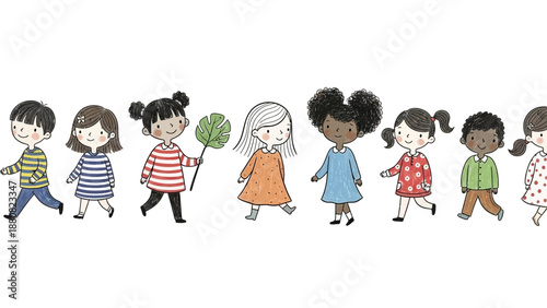 diverse children walking together in a line on a plain white background illustration for educational materials child development and community projects.