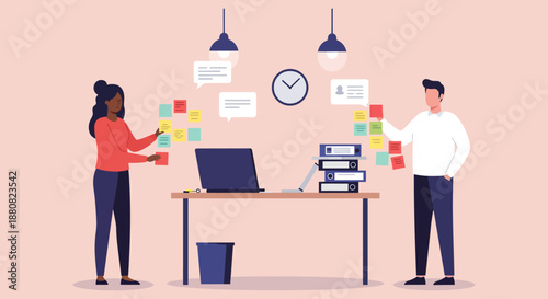 diverse business colleagues collaborating on an agile project management board with sticky notes in a modern office for strategic planning