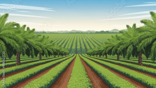 A vast agricultural field with long rows of green crops and palm trees under a clear blue sky, extending towards distant mountains.