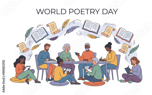 Diverse group celebrating World Poetry Day with books and quills