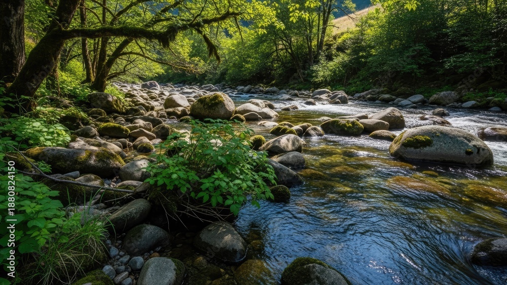 Obraz premium Tranquil river flowing through a lush green forest landscape under sunlight