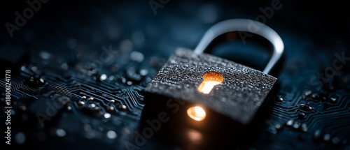Macro photo of a closed metal lock with illuminated keyhole in the rain. Concept of digital security, data protection, privacy and reliability in cyberspace