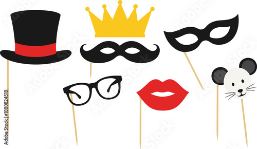 Party Photo Booth Props Collection Flat Vector Illustration Set with Hats, Masks, Glasses, Lips, and Fun Accessories