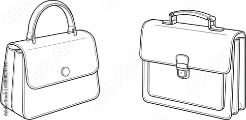 Handbag and briefcase, fashion sketch, bag design, accessory blueprint, structured silhouette, technical drawing, flat vector illustration