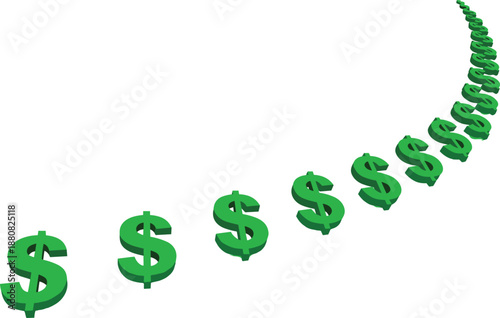 Green dollar signs rising upward in perspective, financial growth concept, profit increase, investment success, economic progress illustration background