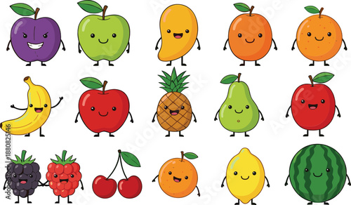 Cute Fruit Characters Collection Flat Vector Illustration Set with Smiling Cartoon Fruits and Fun Mascot Design