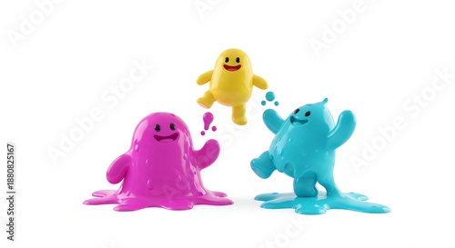 A lively scene with three vibrant, happy goo characters, one joyfully leaping in the air