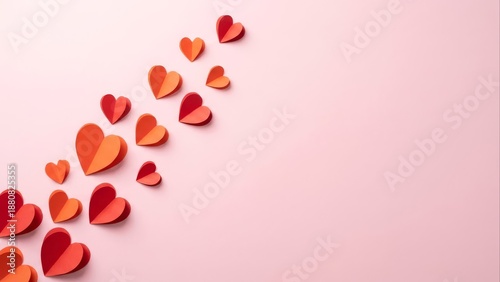 Seamless romantic background with vibrant red and orange paper hearts artfully arranged on a soft pink backdrop, ideal for celebrating love and affection