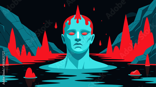 Sorrowful soul amidst eerie peaks