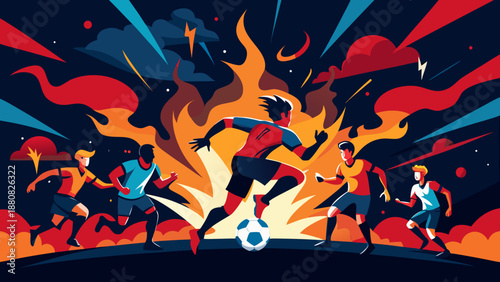 Intense soccer match under dramatic sky