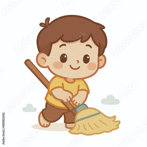 Cute cartoon boy happily sweeping the floor with a broom, illustrating cleanliness and childhood chores, with a soft, friendly aesthetic