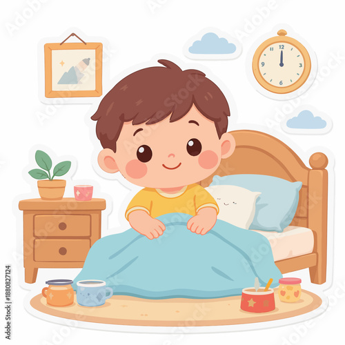 Happy cartoon boy waking up cheerfully in his comfortable bed, ready to embrace the fresh morning. A bright smile signifies a positive start to a brand new day