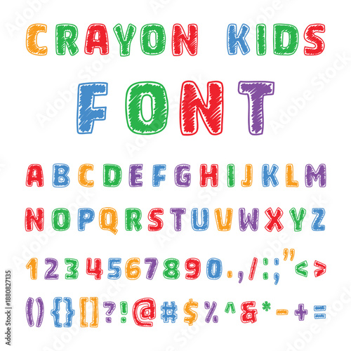 Vibrant crayon-style vector font for kids. Includes colorful uppercase letters, numbers, and symbols with realistic wax texture. Ideal for school, nursery, and children's creative projects. 