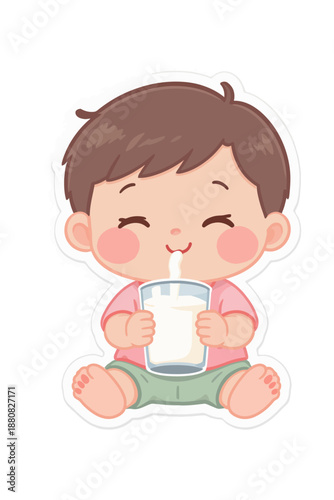 Happy cartoon baby character joyfully drinking milk through a straw, depicting healthy childhood nourishment and contentment in a cute, vibrant vector illustration