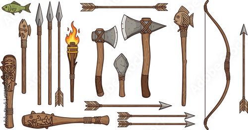 Primitive Weapons Collection Flat Vector Illustration Set with Spears, Axes, Arrows, Bow, and Tribal Tools