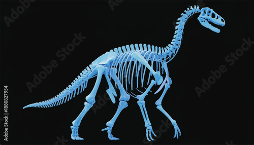 A detailed X-ray style skeletal illustration of a Brontosaurus dinosaur against a pure black background