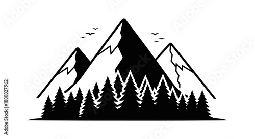 Black silhouette of mountain range landscape.