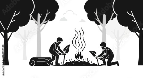 People camping and cooking outdoors.