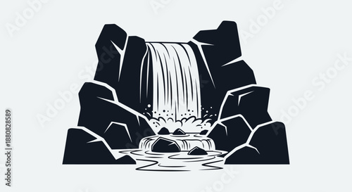 Waterfall pouring down rocky cliffside.