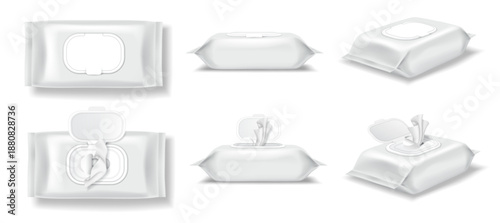 Set of white wet wipes packs in different views, closed and open lid, isolated on transparent background, packaging mockup.