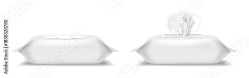 White wet wipes plastic pack with closed and open lid, isolated on transparent background, realistic hygiene product mockup.