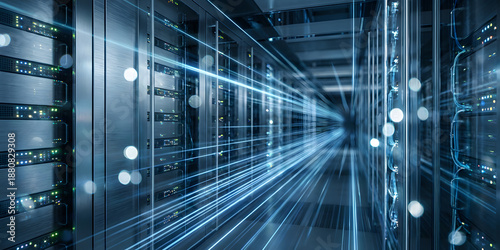 Futuristic data center with blue light trails
