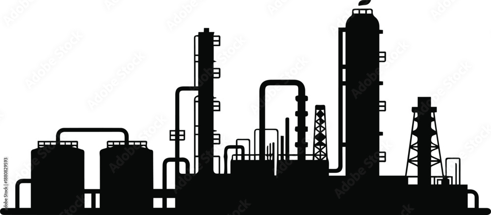 Fototapeta premium refinery petrochemical facility silhouette showing tanks and pipes