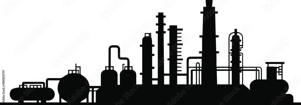 Obraz premium refinery industrial plant silhouette with storage tanks and towers