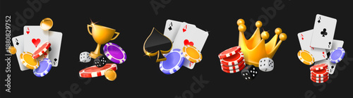 Casino icons. 3d poker chip card, bet or blackjack trophy, gold fortune game crown and winner prize, cubes and token. Flying ui Texas cup and coins, money tournament. Vector logo gambling set