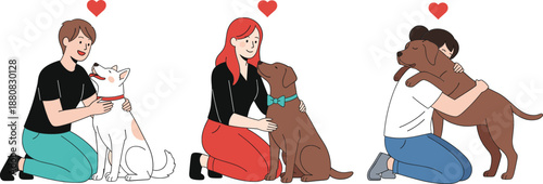 People Hugging and Loving Dogs Flat Vector Illustration Set Showing Pet Adoption, Care, Friendship, and Emotional Bond