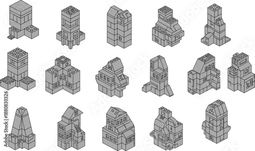Grid of 16 isometric technical shapes with extrusions and cutouts, ideal for engineering, drafting, and spatial visualization exercises.