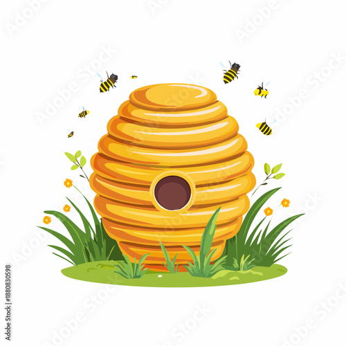Ruche cartoon avec abeilles – illustration joyeuse de la vie des insectes dans la nature