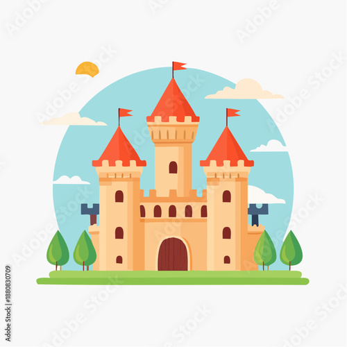 Château stylisé avec tours rouges – illustration vectorielle féerique et enfantine
