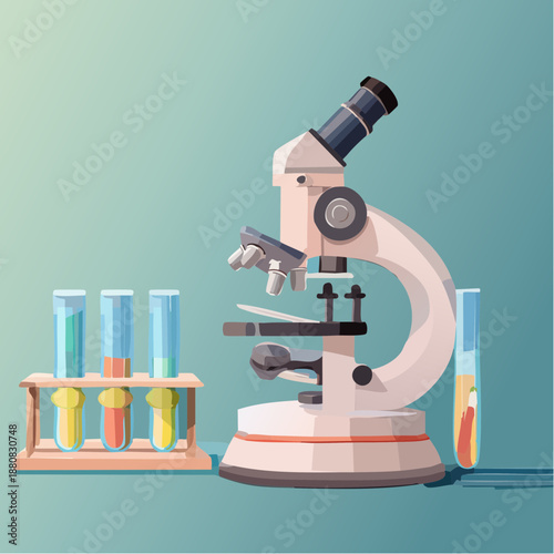 Matériel de laboratoire avec microscope et liquides colorés – illustration scientifique stylisée
