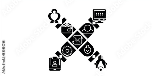 A stylized human figure composed of various technology and internet symbols in a creative arrangement