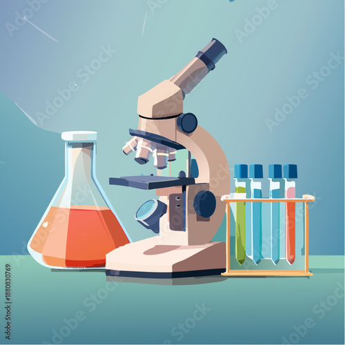 Matériel de laboratoire avec microscope et liquides colorés – illustration scientifique stylisée