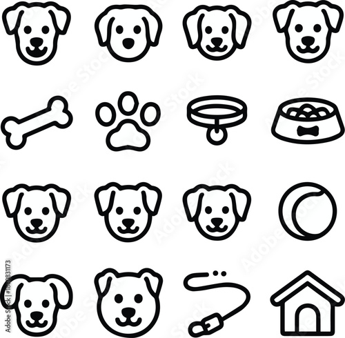 dog flat line icons set 16 puppy paw print collar leash ball
