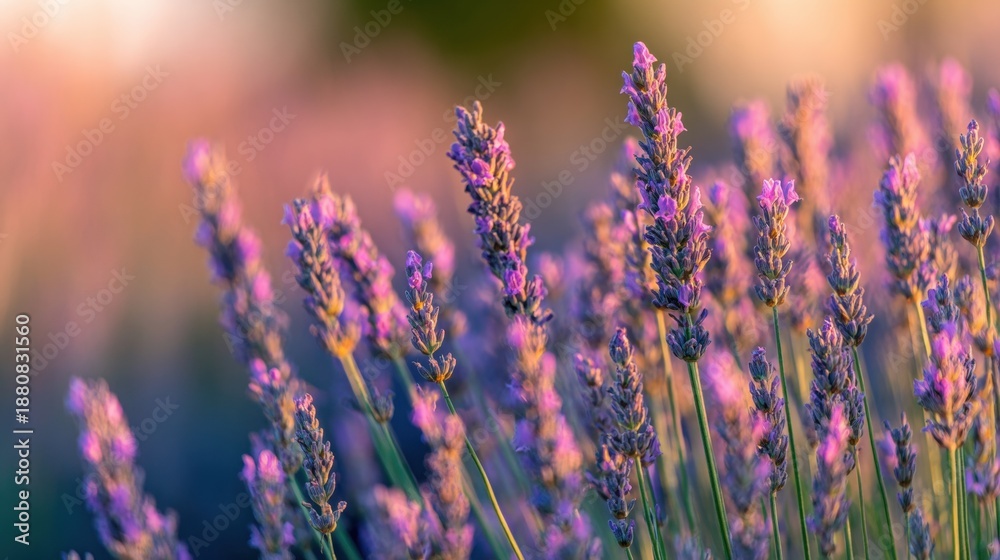 Fototapeta premium Lavender plants bloom under sunlight in a field during spring season
